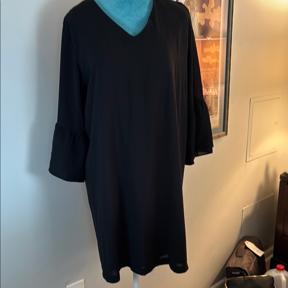 Black V neck bell sleeved dress.